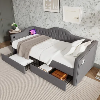 Image de Lit coffre capitonné, modèle daybed, 90x200 cm, avec ports USB/Type-C, 2 tiroirs, espace de rangement, sans matelas (gris)