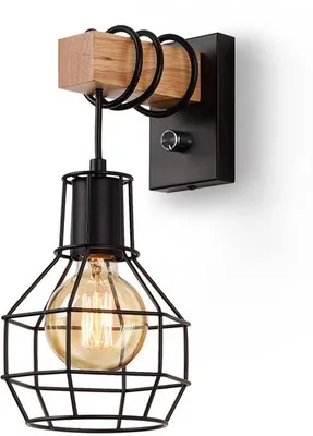 Image de Applique murale industrielle vintage Unyqoos® – Applique en métal et bois, noire, avec variateur et interrupteur, culot E27, 15x29 cm, sans ampoule