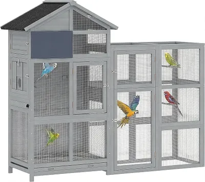 Produktbild von Vogelvoliere Holz 196x60x164,5 cm, 6 Sitzstangen, 7 Türen, Vogelkäfig Grau