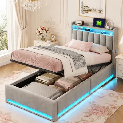 Image de Lit rembourré INONEFT 90x200 cm avec système hydraulique et espace de rangement, lit à lattes avec éclairage LED et ports USB de type C, lit double pour jeunes avec sommier à lattes et coffre de lit, revêtement en velours gris, productTiles.product.images.aiGenerated