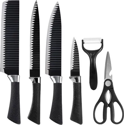 Produktbild von 6-teiliges Küchenmesser-Set – Edelstahlklingen, ergonomische PP-Griffe, gebogene Schneide, inkl. Schere & Sparschäler