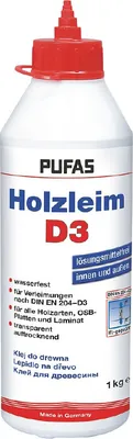 Produktbild von PUFAS Holzleim D3, wasserbeständig, für Laminat, Parkett und OSB-Platten, 1kg