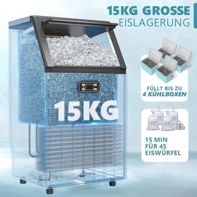 Zdjęcie produktu dla Maszyna do produkcji kostek lodu – wydajność 45 kg na 24 godziny – stal nierdzewna – z kruszką do lodu, timerem i wyświetlaczem LCD