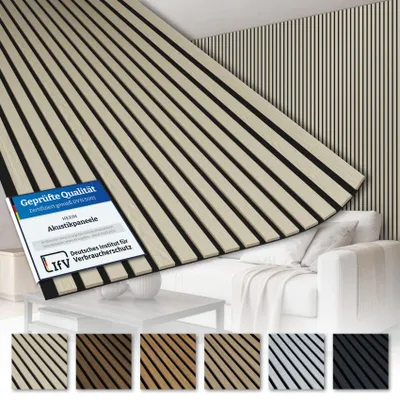 Produktbild von AKUSTIKO Lamella Akustikpaneele 280x60cm - flexible Filz MDF Wandpaneele fugenlos - überlappende Holz Lamellenwand - Akustik Wandverkleidung von HEXIM