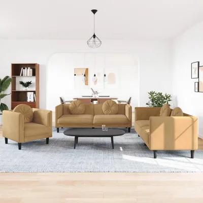 Produktbild von "im Angebot" 3-tlg. Sofagarnitur - Sofa-Set - Couchgarnitur - mit Kissen Braun Samt - Klassische Sofas CC9276