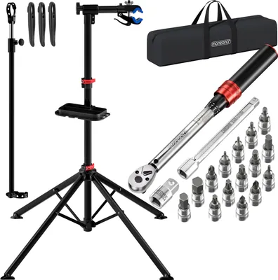 Image de MONZANA® Pied d’atelier vélo pliable 30kg clé dynamométrique 1/4" 1-25 Nm 18 pcs boîte sac de rangement pied de réparation vélo support VTT