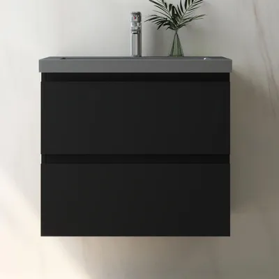 Produktbild von Waschtisch mit Unterschrank 60cm Alast Badmöbel Set Schwarz Waschbecken Dunklegrau mit Unterschrank Softclose