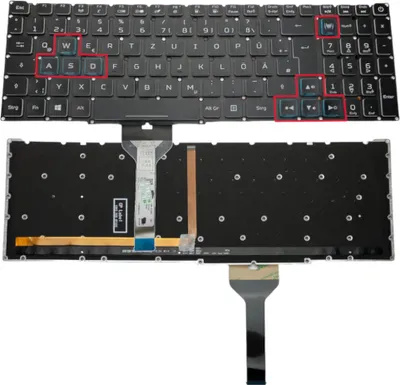 A laptop keyboard and its internal components are shown against a black background.