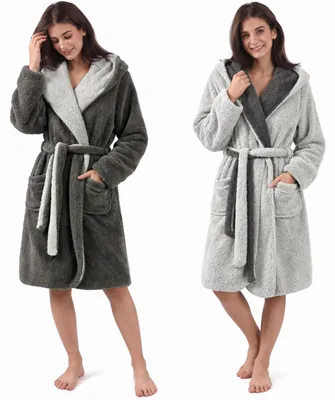 Imagen del producto de CalmyLIFE - Bata de felpa para mujer, con función reversible, color gris oscuro/gris claro, talla M