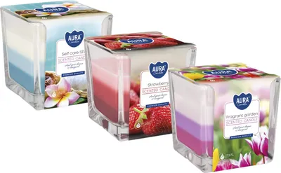 Zdjęcie produktu dla ZESTAW Świeca zapachowa w szkle trójkolorowa BISPOL Aura 32H MIX "3" 3szt.