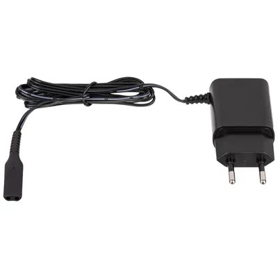 A black power adapter with a European plug and a charging cable.