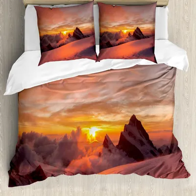 Produktbild von ABAKUHAUS Berg Bettbezug Set, Sonnenaufgang in den Schweizer Alpen mit magischer Ansicht des Gebirgsnatürlichen Paradies-Themas, 155 x 220 cm + 80 x 80 cm, Weiß und Gelb
