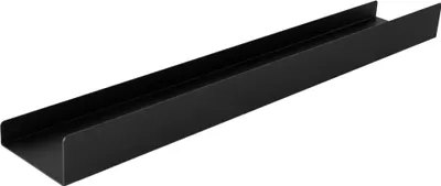 A black metal shelf is shown against a white background.