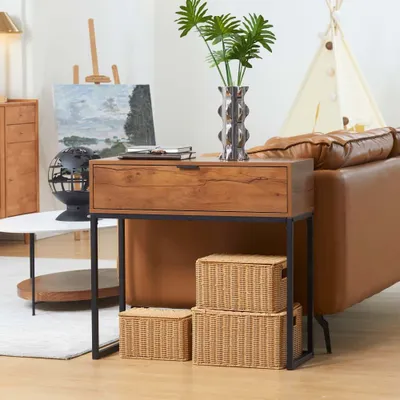 Immagine prodotto di Tavolini AIORBER, con cassetto, design minimalista, gambe in metallo nero, tavolino da divano, tavolino da ingresso, per soggiorno, corridoio, 80 x 30 x 76 cm, marrone
