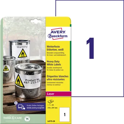 Obrázek produktu pro Avery L4775-20, Bílá, Zaoblený obdélník, Permanentní, DIN A4, Polyester, Matný