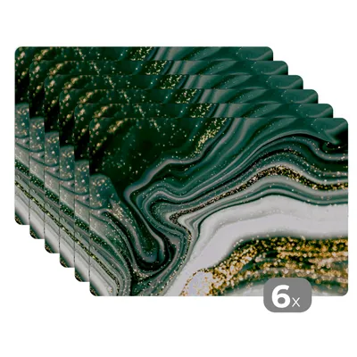 Obrázok produktu pre MuchoWow® Podložky Sada 6 podložiek Umývateľné podložky 30x45x0.3cm Mramorový vzhľad - Zlatá - Zelená - Trblietky - Dizajn - Mramor Podložka pod stôl