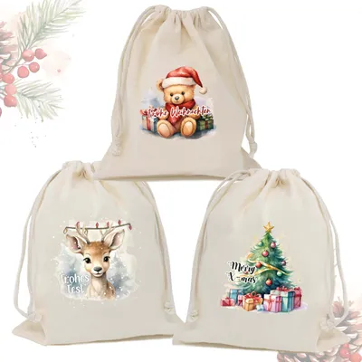 Three canvas drawstring bags with Christmas-themed designs are arranged in a collage.