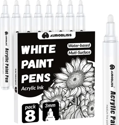 Immagine prodotto di Set di pennarelli colorati a base di acrilico, composto da 8 pennarelli bianchi, con punta da 2-3 mm, a base d'acqua, ideali per progetti creativi fai-da-te