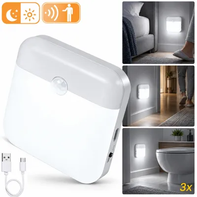 Productafbeelding van 3x LED-nachtlamp met bewegingssensor, USB-oplaadbaar, schemerlamp, koudwit licht, geschikt voor trappen, kasten