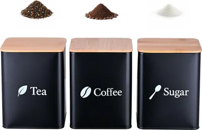 Produktbild von Relaxdays Vorratsdosen, 3er Set, Kaffee, Tee, Zucker, Metall, Bambusdeckel, HBT: 15x11x11 cm, Küchendose, schwarz/natur