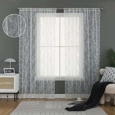 Produktbild von Voile Weiß Blumen Bestickte Vorhang Gardine Tüll Spitze Dekoschal, 2 Stück, B145xH213cm