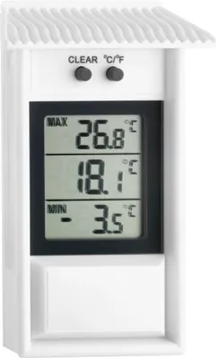 A white digital thermometer with a protective roof-like cover.