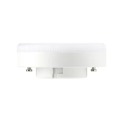 A white LED light bulb with a GX53 base is shown against a white background.