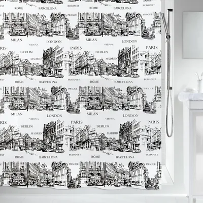 Produktbild von Spirella Anti-Schimmel Duschvorhang - Anti-Bakteriell, waschbar, wasserdicht - Peva, „Places“ 180x200cm Weiß Schwarz