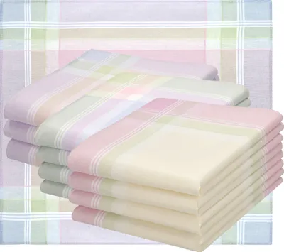 A stack of folded handkerchiefs with a plaid background.