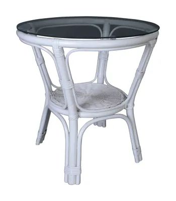 A white rattan side table with a glass top, shown against a white background.