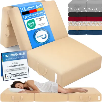 Produktbild von ELONEO Klappmatratze, Gästematratze, 3-teilige Faltmatratze, Schaumstoff extra dick(15cm),  Bandscheibenwürfel, klappbar, faltbare Matratze, (Creme)