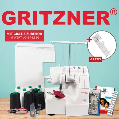 Produktbild von GRITZNER 788 LED Version 2026 mit Anschiebetisch, Klarsichtfuß + 2 Fadenabschneidern, 5 Sonderfüßen, Abfallbehälter + E-Book - Black&White Edition mit Fadenschere und Overlockgarn