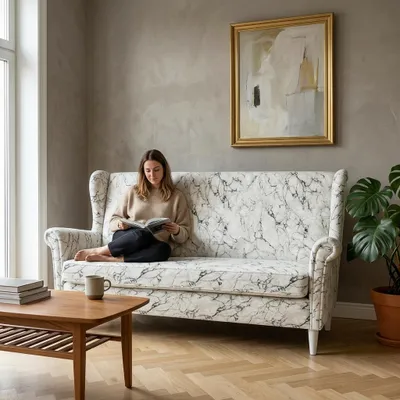 Produktbild von Schlafsofa ARI Design – Marmor-Optik, Webstoff in Weiß, Family Meble, KI-generiertes Bild
