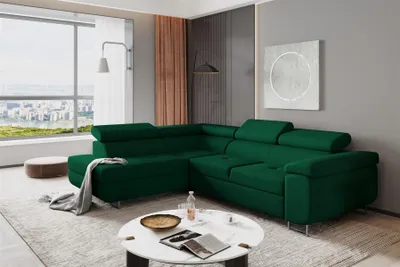 Productafbeelding van Eckbank Sofa JADE, gestoffeerd met stof Kronos, donkergroen, met slaapfunctie, hocker links