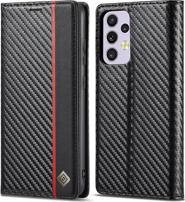 Produktbild von Hülle für Samsung Galaxy A33 5G Kohlefaser Leder Brieftasche Schutzhülle mit Standfunktion Schwarz Vertikale Rot