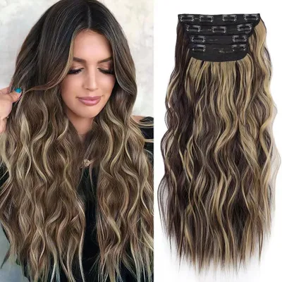 Produktbild von XFSRG 4 Stück Clip in Haarverlängerungen Wellige Haarverlängerungen 55 CM Extensions Haarextension Clip in Synthetisches Haarteil für Damen Langes Voluminöses Haar (#3)