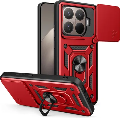 A red and black phone case with a camera cover and a ring holder is shown from two angles against a white background.