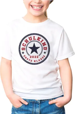 Produktbild von Kinder T-Shirt Mädchen Schulkind 2022 erste Klasse Stern Geschenk zur Einschulung Schulanfang Moonworks® weiß 110-116 (5-6 Jahre)