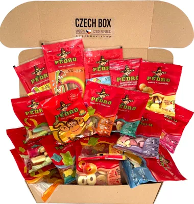 Produktbild von CzechBox PEDRO - Köstliche und  Box mit 17 ausgewählten Bonbons, Dragees und Gelees, erhalten Sie fast 1,4 Kilogramm Süßigkeiten
