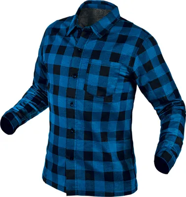 A blue and black checkered flannel shirt is displayed against a white background.