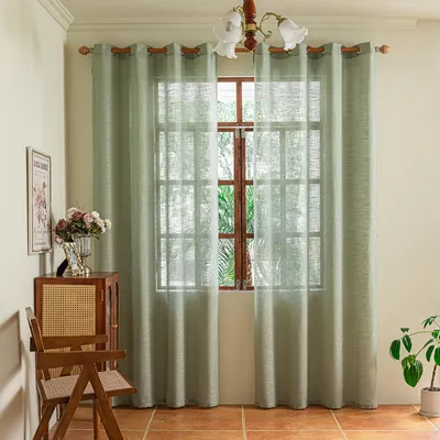 Image de Lot de 2 rideaux en voile semi-transparent aspect lin, avec œillets, pour salon ou chambre à coucher, vert sauge, L140 x H245 cm