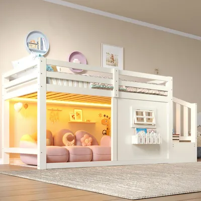 Produktbild von STILVORA Hochbett 90x200 cm mit Fenster und LED-Lichtleiste, Kinderbett mit Aufbewahrungsleiter, Jugendbett aus Kiefernholz