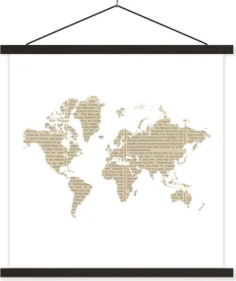 Produktbild von MuchoWow® Textilposter Weltkarte - Zeitung - Weiß 120x120 cm mit schwarzem Rahmen - Aufhängungsset
