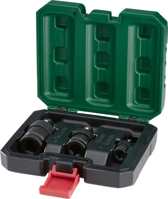 A set of three impact sockets in a green and black plastic case.