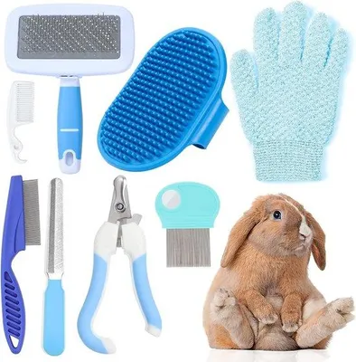 Produktbild von MIAOZ Set zur Fellpflege für Kaninchen, inklusive Nagelknipfer und Haartrimmer, lange Bürste und Feile, Flohkamm und Shampoo, sowie Bürste für die Fellpflege