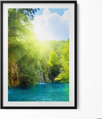 Produktbild von Blaue Lagunenlandschaft– Wandbild mit Rahmen – Gerahmtes Bild  – Wanddekoration – 70x100 cm –  Schwarz Rahmen