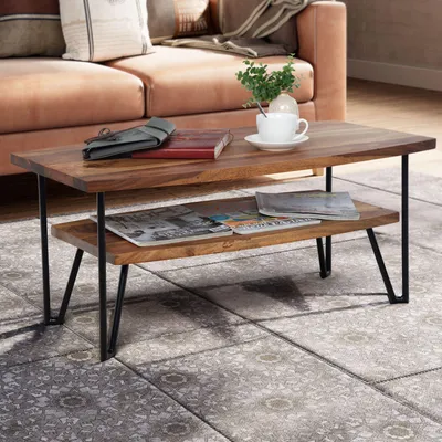 Zdjęcie produktu dla Stolik kawowy FineBuy, 90x50x40 cm, wykonany z litego drewna sheesham i metalu. Prostokątny stolik do salonu, stolik kawowy z miejscem do przechowywania, stolik drewniany do salonu