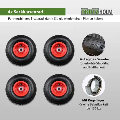 Produktbild von 4x Sackkarrenrad Luftrad 260x85 mm 3.00-4 60 mm versetze Nabe Ø 20 mm rot robustes 4 PR Gewebe