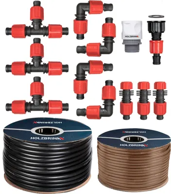 Produktbild von HOLZBRINK Bewässerungssystem Tropfbewässerung für Thuja Hecken, 30 m Tropfschlauch Profi 16 mm, 15 m Verlegerohr 16 mm, HTB-12-30P-15