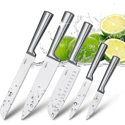 Produktbild von Küchenmesser Set 5-teilig Edelstahl mit Santoku, Koch-, Brot-, Universal- und Gemüsemesser, Silber